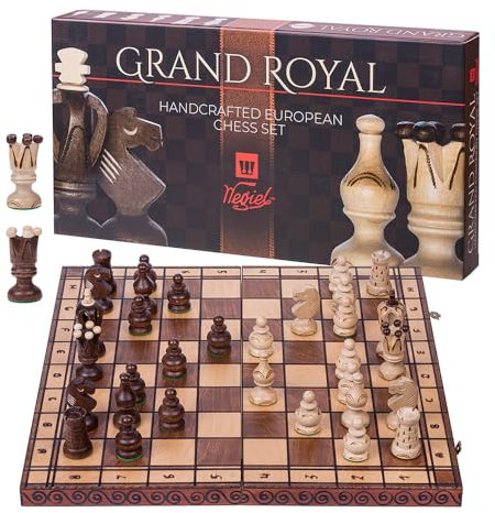 Ajedrez de Madera Grand Royal + 2 x Extra Reinas - 48 x 48 cm - Envuelto para Regalo - Tablero de ajedrez y Piezas de ajedrez talladas