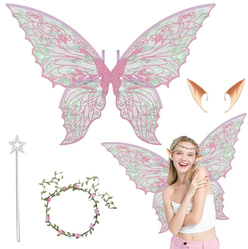 weiclianhp Feenflügel Kinder, Feen Kostüm Damen, Feenflügel Erwachsene, Feenflügel Erwachsene für Geeignet Fasching Karneval Geburtstag Cosplay Party Halloween Weihnachten Rollenspiele