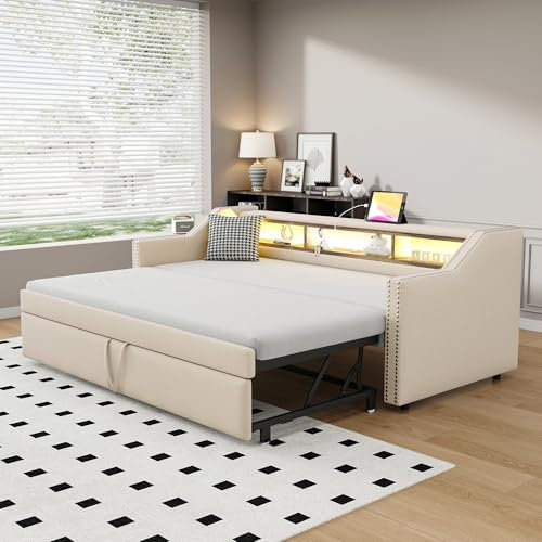 Polsterbett Ausziehbares Schlafsofa 90/180 x 190 cm, Multifunktionales Staufach, LED-Licht und USB-Buchse, mit Lattenrost, Beige, ohne Matratze
