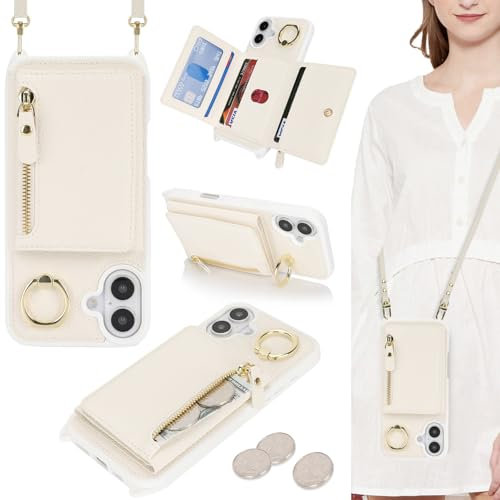 ELTEKER iPhone 16 Case with Strap, Card Slot, Ring Holder, Wallet, Leather Flip Case, Shoulder Bag - White