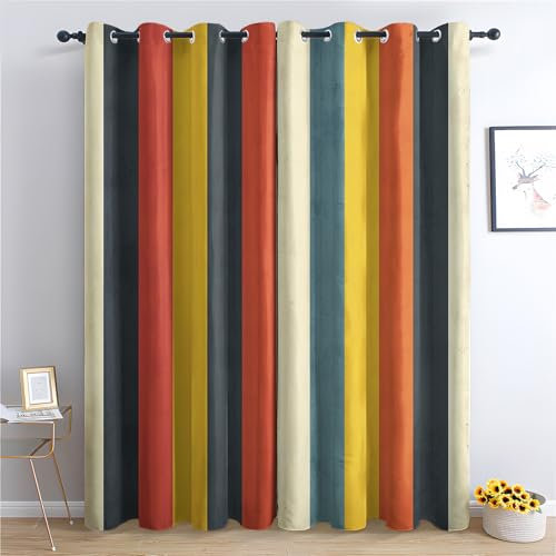 Generisch Vorhänge Blickdicht Retro Streifen, Gardinen mit Ösen 2er Set, Vorhang Bunt Streifen für Schlafzimmer Wohnzimmer Thermovorhang Dekoration Curtains 220 x 215cm (H x B) Zhc&-195