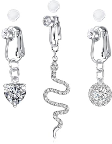 LAURITAMI 3 Pièces Faux Piercing Nombril Acier Inoxydable Or Argent avec Coussinets en Silicone Faux Piercing au Nombril Non percé Bijoux