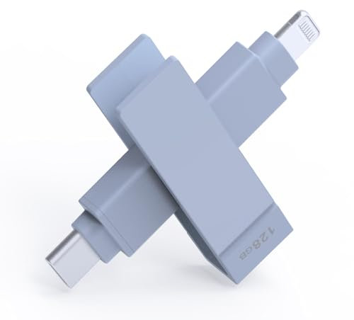 PioData Apple MFi Certified 128GB Morandi Blue iXflash 2-in-1 USB Type C & Lightning Backup Photo Stick for iPhone, iPad, and Computer | External Photo Storage and Transfer