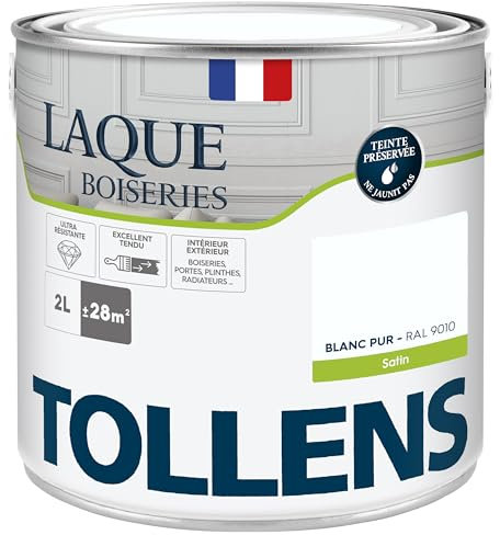 Tollens - Peinture, Laque, Ultra Résistante, Multisupport, Satin Blanc Pur, 2L = 28m2