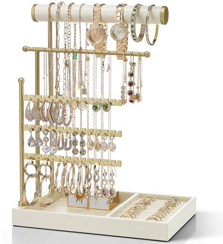 VLANDO Schmuckständer, Schminktisch Organizer mit Ablage, Schmuckaufbewahrung Halskettenhalter mit Ringhalter, Zimmer Halterung, Ohrringhalter, Beige