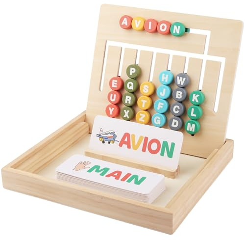 Jeu Éducatif Montessori 2 en 1 en Bois FSC - Apprendre à Lire et à Écrire + Apprendre les Formes Géométriques - 40 Cartes recto/verso - Voyelles en rouge - Illustrations ludiques - Dès 3 ans
