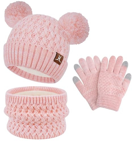 ZASFOU Bambini Cappello Invernale Sciarpa Guanti Touch Screen Set 2 3 4 5 6 7 Anni Berretto Cappelli in Maglia con Pompon Scaldacollo Guanto Regali per Ragazze Ragazzo