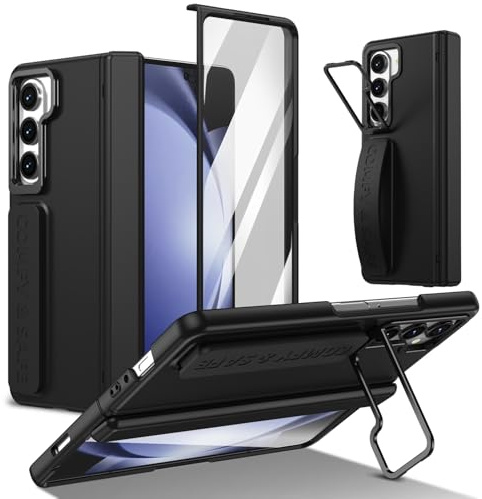 TIANDAFEIJIUB Étuis à Rabat pour Smartphone Bracelet Compatible avec Samsung Galaxy Z Fold 5, Coque avec Protection d'écran, béquille dissimulée et dragonne en Silicone, Robuste et Antichoc.(Svart)