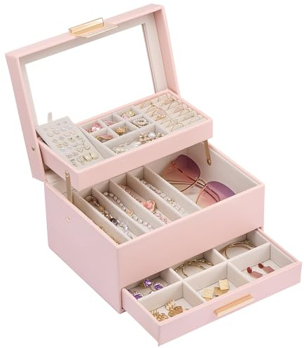 Lolalet Schmuckkästchen, Schmuck Organizer Schmuckbox Schmuckaufbewahrung mit Glasdeckel für Halsketten Ohrringe Armbänder -Rosa, 3 Ebenen