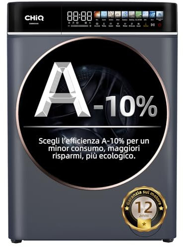 CHiQ CW086581AX Lavatrice 8 kg con Touchscreen LED 13,5, Efficienza Energetica A-10%, Lavaggio Vapore & Rapido, Motore BLDC (1400 RPM), Tamburo Grande, Guarnizione Antibatterica, Grigio