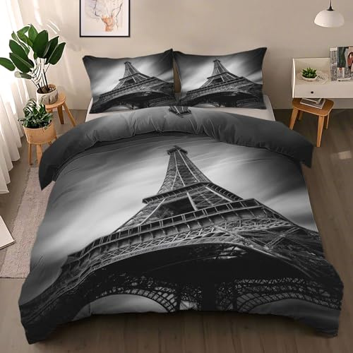 Generisch Bettwäsche 135x200 2 Teilig Schwarz Weiß Eiffelturm, Wende Bettwäsche-Set Paris Eiffelturm Bettbezüge, Bettbezug Mikrofaser mit Reißverschluss und 1 Kissenbezüge 80x80 cm