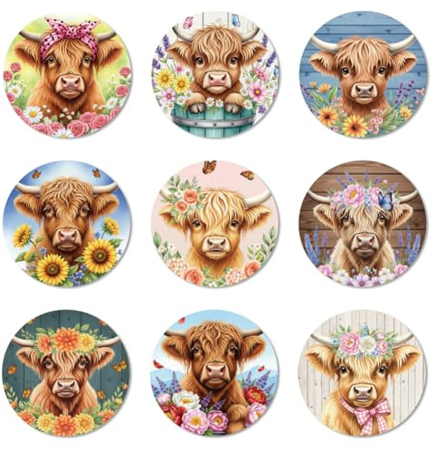 ANATTASOUL 9 Stück Hochlandkuh und Blumen Untersetzer Holz für Zuhause | Holzuntersetzer Coaster Wiederverwendbare Glasuntersetzer ,Tasse Coaster Mat für Büro und Bar Tischdeko Sommer
