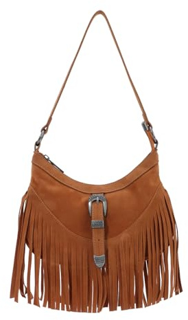 EVEOUT Damen Fransen Umhängetasche Western Style Kunstleder in Wildleder-Optik Boho Schultertasche mit Quasten Hippie Tragetasche