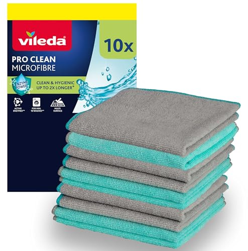 Vileda ProClean Multipack 10 Panni in Microfibra | Enzimi Attivi per Igiene Prolungata | Elevato potere pulente | Eccezionale Assorbenza | Lavabili in lavatrice | Turchese Grigio | Confezione da 10