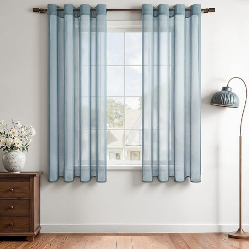 MRTREES Voile Gardinen mit Ösen Kurz 2er Set,H120 x B140 cm,Dunkelblau | Vorhänge Transparent,Modern für Dekoration Kinderzimmer Wohnzimmer Schlafzimmer Küche Kurz Fenster,Boho Style