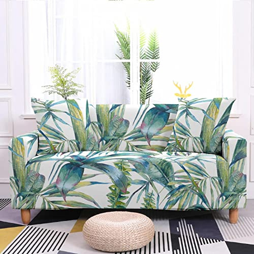 Sofa Überzug Retro Grüne Blätter Sofahusse Spandex Couch Überzug Waschbarer Sofaüberzug Haustiere Sofabezug Rutschfester Couchbezug Stretch Sofabezüge Langlebig Sofa Cover L Shape 2 Sitzer