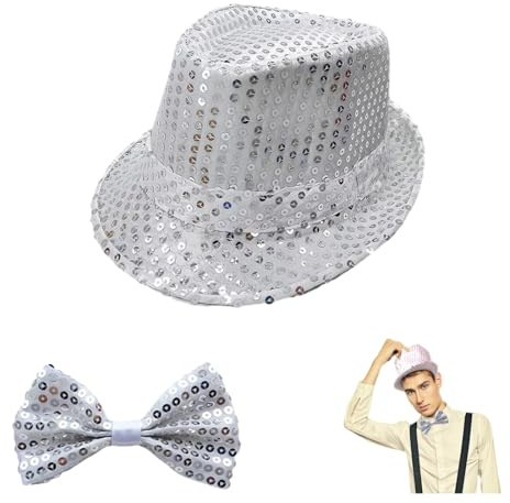 VYNZOR Glitzer-Set Mit Pailletten Hut & Fliege in Silber - 70er Jahre Disco Style für Karneval & Silvester Outfits - Inklusive Glitzerhut & Pailletten Krawatte für Herren 54cm