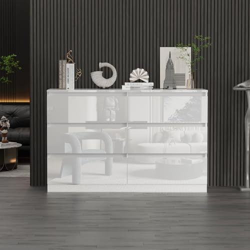 LSBIKE Hochglanz Moderne Stabiler Kommode Sideboard, Mit 6/7/8 Schubladen Schublade Schrank, Viel Stauraum Geeignet, Konferenzraum Büro Wohnzimmer Schlafzimmer Möbel (Weiß - 6 Schubladen)