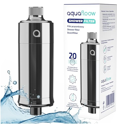 Aquafloow Filtro per Doccia contro Calcare, Cloro e Sporco, Filtrazione a 20 Stadi – Riduce la Perdita dei Capelli e le Irritazioni della Pelle – Adatto a tutti i Tubi Standard