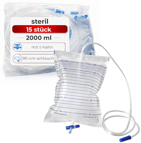 Urinbeutel steril – 15er-Pack 2000 ml mit Antirefluxventil und T-Hahn | Medizinisches PVC-Material · Einzeln im PE-Beutel · 90 cm Ablaufschlauch · 100-ml-Messskala · ISO 13485