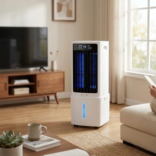 Climatiseur Mobile Silencieux Rafraîchisseur d'Air 12L, Portable Ventilateur Humidificateur avec Télécommande, 3 Vitesses, Minuterie 12 H, Blocs Réfrigérants, pour la Chambre et le Garage