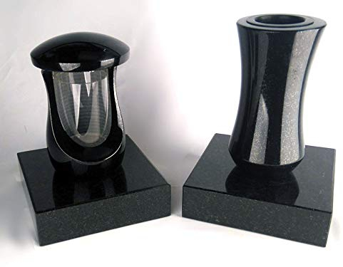 designgrab Grablampe Cerres, Grabvase Atria und 2 Stück Sockel aus Granit Schwedisch Black, Grabschmuckset