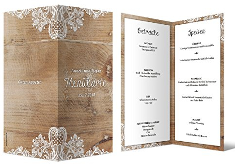 20 x Hochzeit Menükarten Menü Speisen Getränke - Rustikal mit weißer Spitze DIN Lang Klappkarte