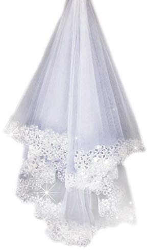 Haptian 1,5 Mt 1 Schicht Frauen Braut Weiß Lange Hochzeit Tüll Schleier Glitter Pailletten Bestickt Plum Blossom Rand Ehe Einfarbig Ohne Kamm(Weiß)