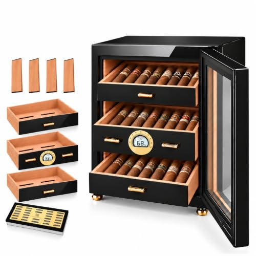 Woodronic Zigarren-Humidor für 50-100 Zigarren, Desktop-Zigarrenschrank mit digitalem Hygrometer, Kristallgel-Luftbefeuchter, spanische Zedernholz-gefütterte Tabletts & Trennwände, poliertes