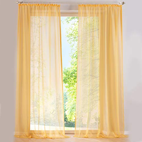 SIMPVALE 2er Set Vorhang durchsichtig Einfarbig Voile-Vorhänge mit Schienenhaken für Gardinen Schlafzimmer Wohnzimmer Balkon, Gelb, 140X225 cm