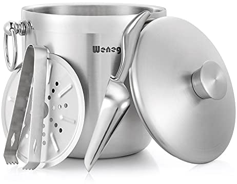 Seau à Glace Isotherme en Acier Inoxydable de 3 L avec Couvercle, cuillère, Pince et passoire – Garde la Glace congelée pour Cocktails et fêtes