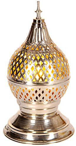 Orientalische Messing Tischlampe Lampe Ishrat 34cm in Silber | Marokkanische Tischlampen klein Lampenschirm silberfarben | kleine Nachttischlampe modern für Vintage Retro & Landhaus Stil Design
