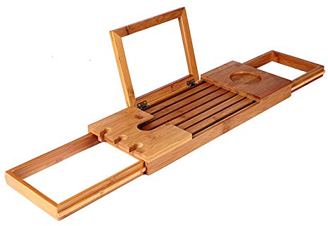 Decopatent® Universal-Badwannenablage, lässt Sich von 50cm -> 93 cm verstellen - Ausgestattet mit Buchhalterung - Tablet-Halter - Bambus - Holz - Badewannenablage