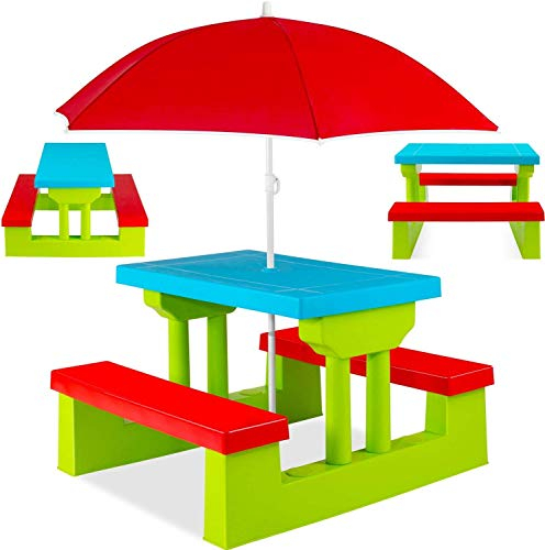 COIL Muebles de jardín para niños, mesa infantil para exteriores con sombrilla, grupo de asientos infantiles versátiles, mesa de picnic para niños a partir de 3 años, juego de asientos infantiles para