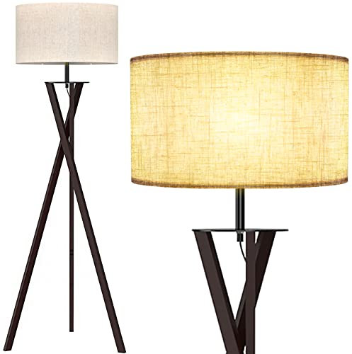LEPOWER Standing Floor Lamp, Modern Tripod Lamp, Mid Century Wood Floor Lamps for Living Room, Bedroom and Office, Flaxen Lamp Shade with E26 Lamp Base
