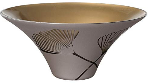 Large Golden Glass Bowl Decorative Fruit Display - Etched and Hand Painted Gold Ginkgo Leaves Decor - Mouth Blown Unleaded Glass - Salad Fruit Serving Bowl - D: 10.2 in (26 cm)