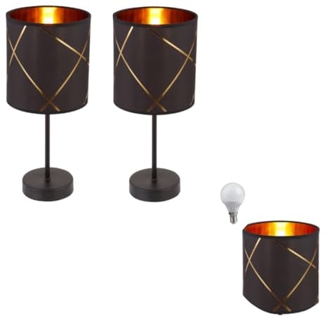 Lichthandel Hoch 2er Set Nachttischlampe modern LED Tischlampe Tischleuchte Stoffschirm Schlafzimmer, Fensterbank, Wohnzimmer, Arbeitszimmer, Beistelltisch incl. 3W LED (schwarz gold streifen)