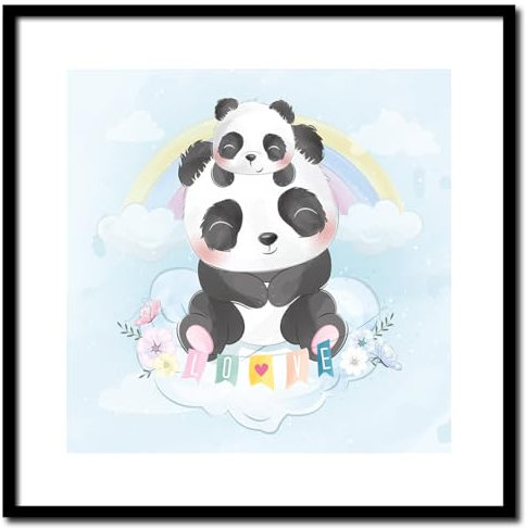 Rahmenbild Love Panda | Wandbild mit Rahmen schwarz | Bild Motive für Kinder | Panda und Baby Panda auf Wolke Regenbogen Schriftzug Blumen | Geschenkidee | Kinderzimmer | weiß blau gelb | 30 x 30 cm