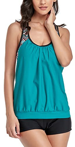 IHCEMIH Maillot de Bain 2 Pieces Femme Tankini Push up Rembourre Amincissant Taille Haute Mayo Maillots Bain Piscine Plage Natation Été Vintage Monokini Top Bikini Boxer Short Ensemble Madame Vert M