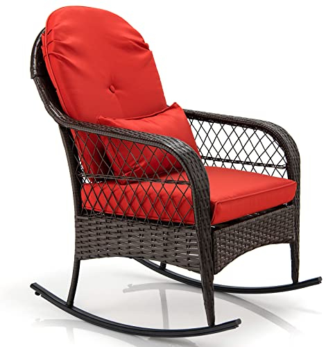 COSTWAY Schaukelstuhl Rattan mit roten Kissen, Schwingsessel Schaukelsessel Relaxstuhl Relaxseesel für Hinterhof, Garten, Balkon 87 x 67 x 95 cm