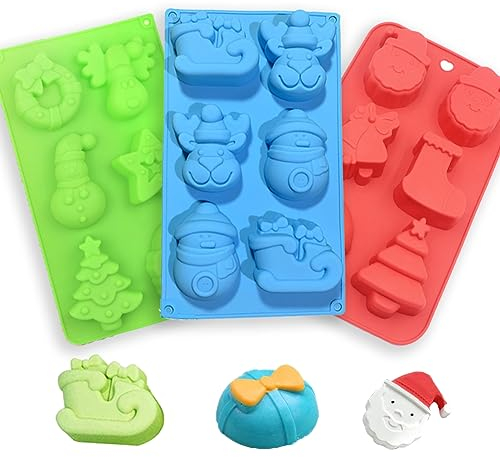 HONGECB 3 Pack Weihnachten Silikonform - Schneemann Rentier Schlitten Form, Silikon Backform Weihnachten, Weihnachten Thema backform für Seife DIY Formen, Muffinform für Kuchen,Schokolade.