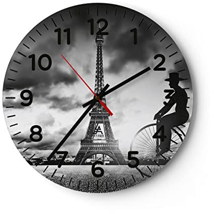 Modern Wanduhr Paris Gentleman Fahrrad 30x30cm Rund Klein Wand Uhr Glas Analog Zimmeruhren Küche Büro Wohnzimmer Glasuhr Wall Clock Dekoration Design Wanddekoration Küchenuhr C4AR30x30-4204