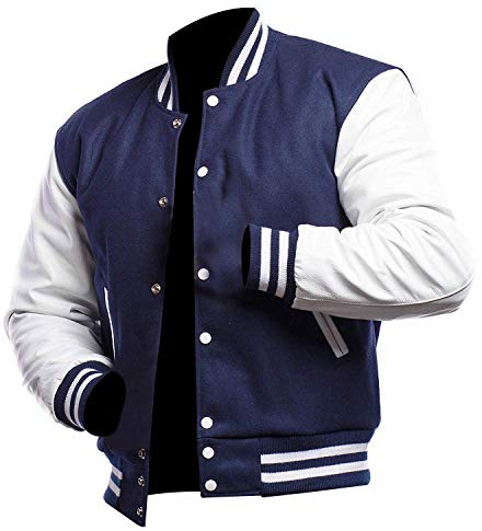LP-FACON Giacca da uomo, stile college/baseball, bomber, nera, modello letterman, varsity, blu navy, 4XL