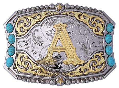 Btilasif Türkis Gürtelschnalle Western Cowboy Rodeo Initiale Buchstaben ABCDEFG bis Z Gürtelschnalle für Herren, A, Medium