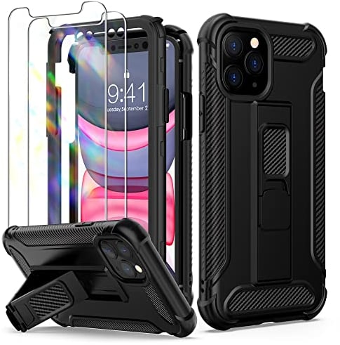 ORETECH Designed for iPhone 11 Pro Case, and [2 x Tempered Glass Screen Protectors] [Built-in Kickstand] Military Grade Shockproof Full Body Protective Silicone TPU Bumper Cover iPhone 11 Pro - Black