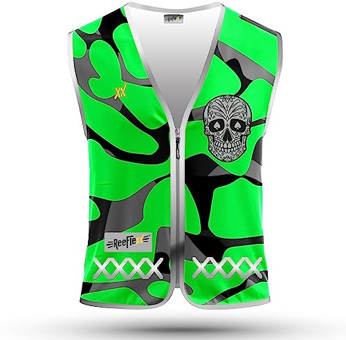 REEFLEXX Warnweste/Reflektorweste/Sicherheitsweste für Kinder, erhöhte Sichtbarkeit im Straßenverkehr, Joggen, Fahrrad oder Auto (Green Camou Skull, M)