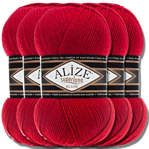 Hobby YARN Alize Superlana Klasik 5 x 100 g Türkische Premium Wolle Baumwolle und Acryl Uni Handstrickgarne Yarn Garn Strickgarn Baby zum Stricken Strickgarn (Red | 56)