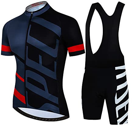 Petorenk Herren Fahrradbekleidung Kurzarm set, Atmungsaktive Herrentrikot, Schnelltrocknend Radtrikots, Radhose mit Polsterung für Mountainbikes (Rot, XXL)