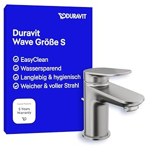 Duravit Wave Waschtischarmatur, Größe S (Auslauf Höhe 77 mm), Wasserhahn Bad mit Zugstangen-Ablaufgarnitur, Armatur Waschbecken, Edelstahl Gebürstet