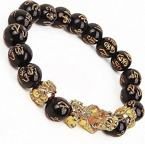Reichtumsarmband, Feng Shui Reichtumsarmband Pixiu-Amulett-Armband Sechs-Zeichen-Mantra-Perlen-Armband Natürliches schwarzes Obsidian-Armband zur Abwehr böser Geister 12-mm-Gebetsperlen-Armband Unisex